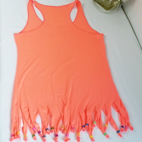 NEW Neon Orange Beaded Fringe Hem Racerback Tank Top / Swimsuit Coverup … - Picture 7 of 10